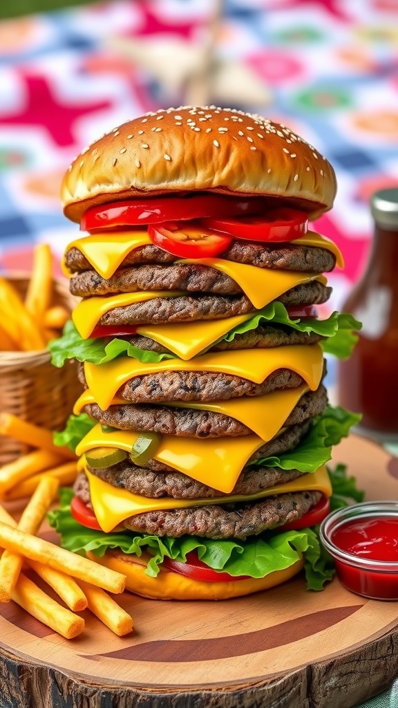 A Triple Delight Burger with three beef patties, cheese, lettuce, and tomato on a rustic board with fries.